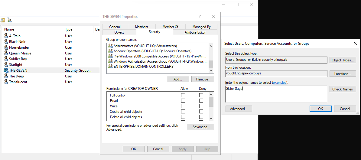 D7 group Security tab showing Sister Sage added with Allow permissions including Write Members